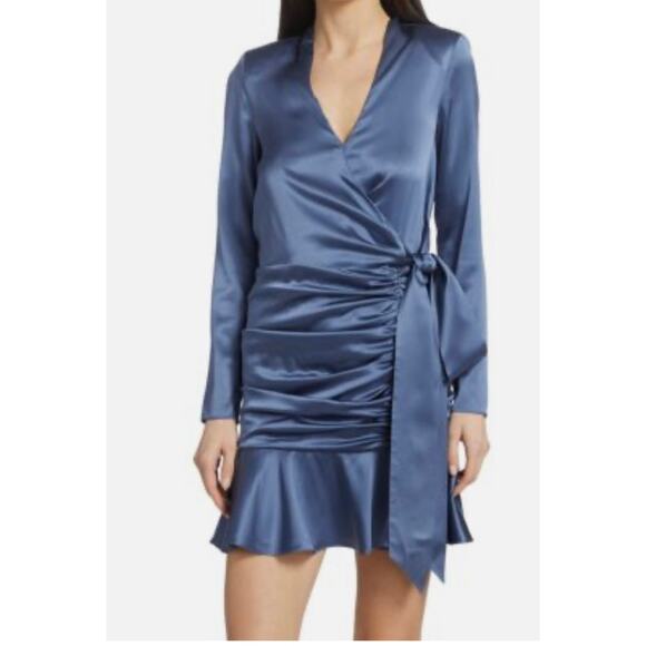 Veronica Beard Agatha Silk Satin Wrap Ruffle Mini Cocktail Dress Steele Blue 4 - Picture 1 of 9